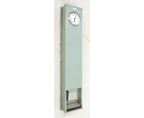 Electric master wall clock, the 5.5" silvered dial within a light grey case with pendulum window, 50" high (pendulum with wei