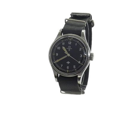 Omega British Military RAF issue pilot's stainless steel gentleman's wristwatch, ref. 2777-1, circa 1953, the black dial with
