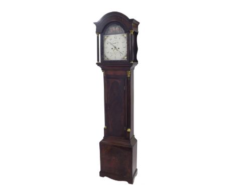 Mahogany eight day longcase clock, the 12" painted arch dial signed Abraham, Frome, with subsidiary seconds dial and calendar