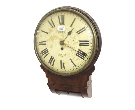 Mahogany 13" single fusee convex drop dial wall clock signed Lock, Bath, within a multiple reeded surround (pendulum)