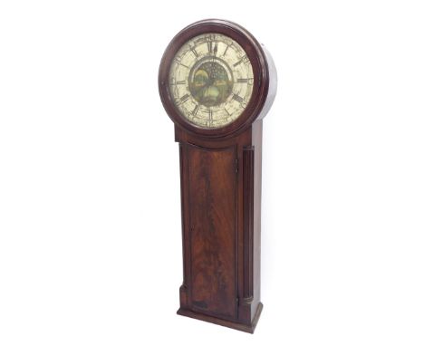 Interesting and unusual English mahogany two train trunk dial wall clock striking on a bell, the 15" silvered chapter ring si