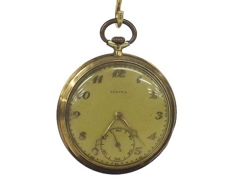 Lepina 14k lever dress pocket watch, the dial with applied Arabic numerals and subsidiary seconds within an engine turned Art