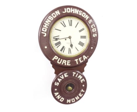 American 12" drop dial advertising wall clock signed Baird Clock Co, Plattsburg N.Y., U.S.A., within a turned surround inscri