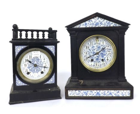 Arts & Crafts ebonised two train mantel clock striking on a gong, the 6" blue and white floral painted porcelain dial within 
