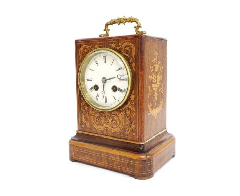 French rosewood and marquetry inlaid two train mantel clock, the movement back plate signed Laine á Paris, with outside count