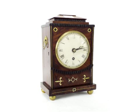 English mahogany single fusee bracket clock, the 5" convex cream dial within a stepped case inlaid with geometric brass motif
