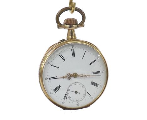 14k cylinder pocket watch, gilt frosted movement, the dial with Roman numerals, outer Arabic divisions and subsidiary seconds