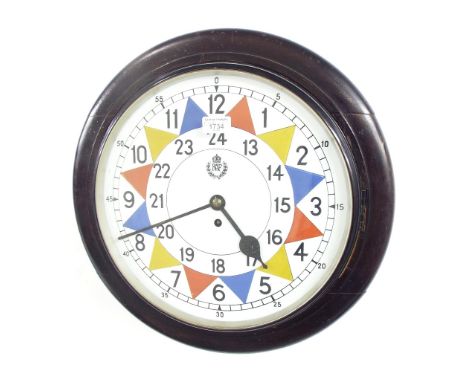 Mahogany R.A.F. single fusee sector wall clock, the 14" painted dial bearing the RAF logo, within a turned surround, the move