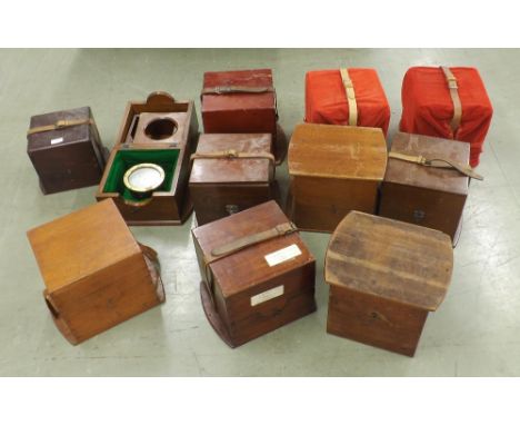 Eleven various wooden chronometer guard cases, also an old brass and copper cased marine compass (at fault) (12)