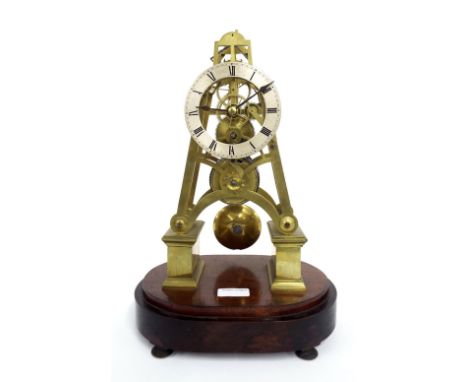 Good English brass single fusee skeleton clock, the movement with deadbeat escapement and maintaining power, the 4.25" silver