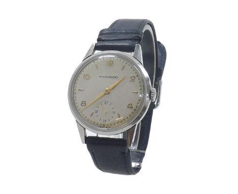 Movado stainless steel gentleman's wristwatch, circular silvered dial with gilt Arabic numerals, baton and minute markers, su