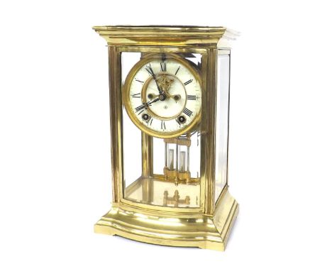 Ansonia brass four glass two train mantel clock, the 4" cream chapter ring enclosing a visible recessed escapement over a fau