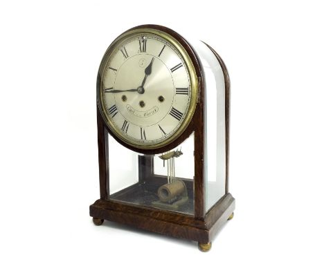 German walnut bevelled glazed three train musical table clock playing with seven hammers on four rods, the 8" convex silvered