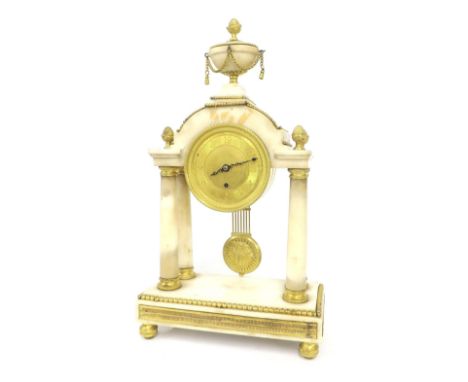 English white marble and ormolu mounted single fusee portico mantel clock, signed on the inside of the front plate and on a m