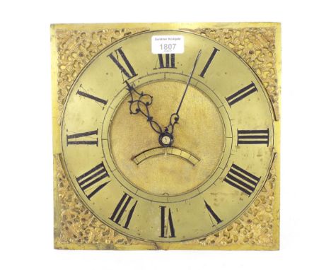 Thirty hour longcase clock movement, the 11" square brass dial with brass chapter ring enclosing a matted centre with calenda