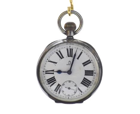 Omega silver lever pocket watch, frosted gilt movement, signed dial with bold Roman numerals and subsidiary seconds, engine t