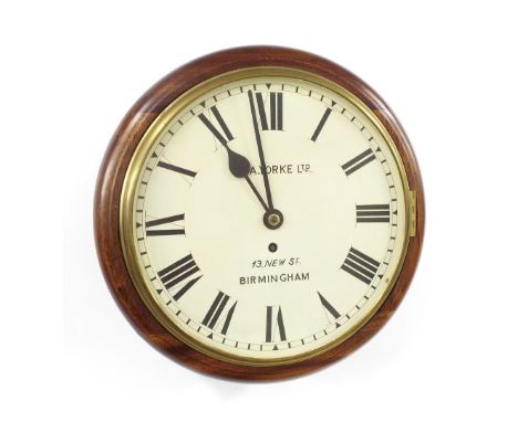 Good mahogany single fusee 12" wall dial clock signed S.A. Yorke Limited, 13, New St, Birmingham, within a turned surround (p