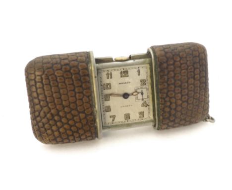 Movado Ermeto leather bound purse watch, silvered dial with luminous Arabic numerals and off-set subsidiary seconds dial, cas