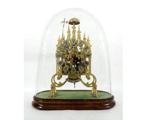 Brass double fusee skeleton clock, signed Marton & Gain on a silvered plate below the silvered pierced chapter ring, within a