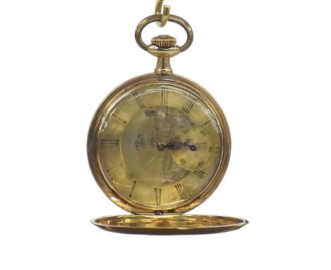 Continental slim 14k lever hunter dress pocket watch, unsigned gilt frosted movement, the gilt dial with an engraved landscap