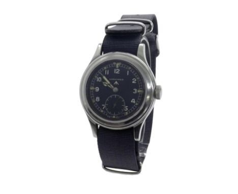Longines Greenlander British Military issue stainless steel gentleman's wristwatch, circa 1944, the black dial with Arabic nu