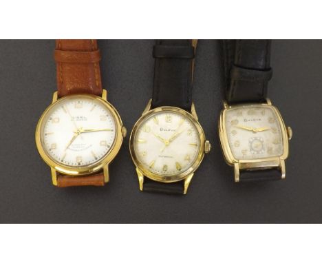 Bulova Self-Winding gold plated and stainless steel gentleman's wristwatch, circular silvered dial with Arabic numerals, bato