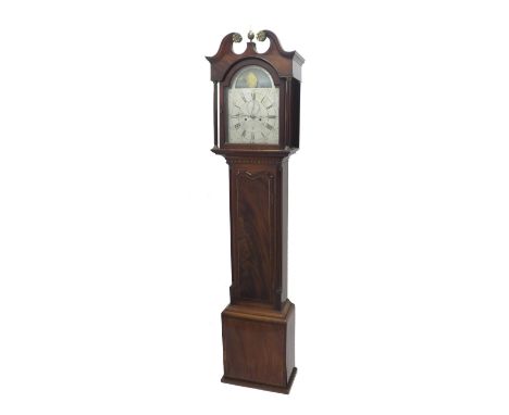 Mahogany eight day longcase clock, the 12" silvered arched dial signed Robert Moxham, Coleford on an engraved foliate ribbon 