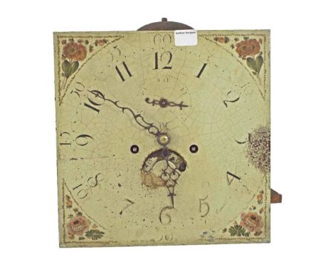 Thirty hour longcase clock movement, the 12" square painted dial with subsidiary seconds dial and arched calendar aperture (p