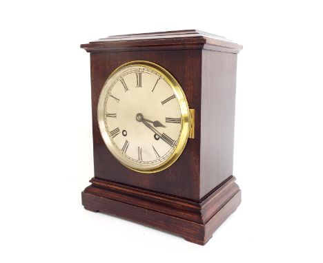 German mahogany ting-tang mantel clock striking on two gongs, the 5.25" silvered dial within a stepped case, 10.25" high (pen