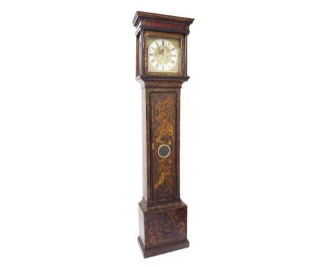 English chinoiserie lacquer month going longcase clock with five pillar movement, the 12" square brass dial signed William Hu