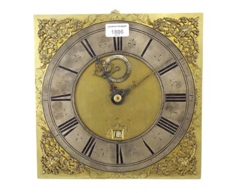 Thirty hour longcase clock birdcage movement, the 11" square brass dial signed William Clement, London on the silvered chapte