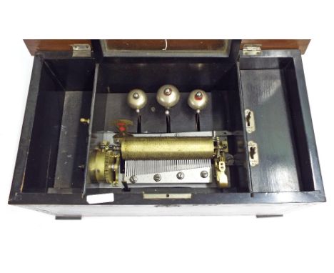 Rosewood music box, the 6.25" cylinder playing eight airs on three bells, with original tune sheet, within an inlaid rosewood
