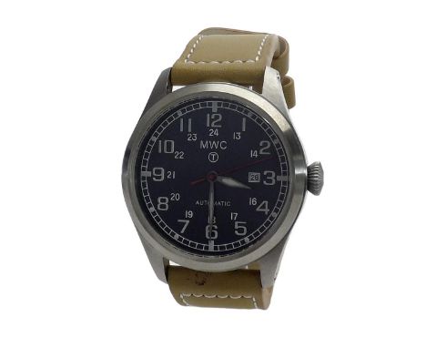 MWC Classic Limited Edition XL Military Pilot's automatic stainless steel gentleman's wristwatch, circular black dial with lu