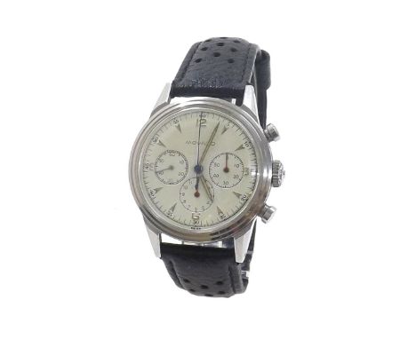 Movado chronograph stainless steel gentleman's wristwatch, ref. 19038, circa 1960, the enamelled dial with Arabic twelve, bat