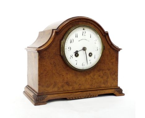 French burr walnut two train mantel clock, with Japy Freres movement striking on a gong, 8.25" high