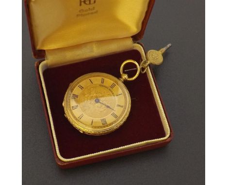 Camerer Kuss & Co. 18k gold and enamel fob watch, gilt bar cylinder movement, gilt dial with Roman numeral chapter enclosing 