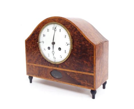 Lenzkirch yew wood and satinwood banded two train mantel clock, the 4.75" white dial over a pendulum window and within a roun
