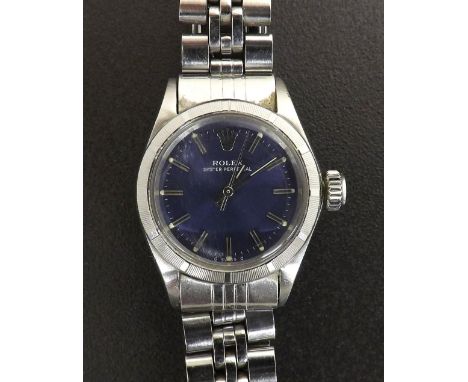Rolex Oyster Perpetual stainless steel lady's bracelet watch, ref. 6723, circa 1972, serial no. 3326xxx, blue dial with baton