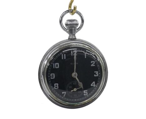 Elgin Military issue nickel cased lever pocket watch, gilt 9 jewel movement, no. 41388879, the black dial with Arabic numeral