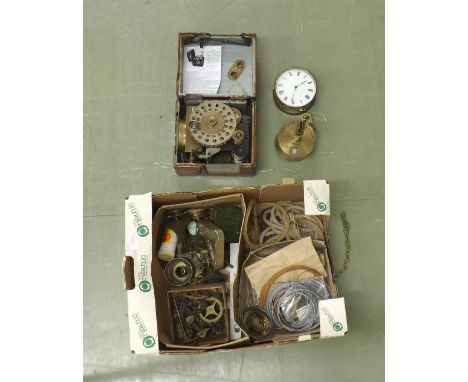 French drumhead timepiece, Dent recording clock, wooden cased pigeon clock and a box of various clock parts etc