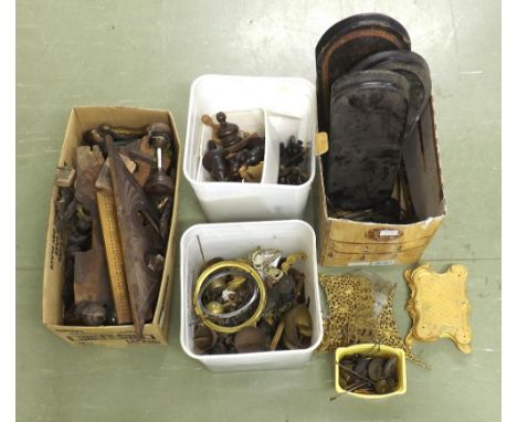 Large quantity of clock fittings, including spandrels, bells, pendulums and turned wooden finials etc