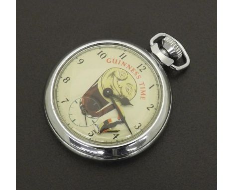 'Guinness Time' novelty chrome pocket watch, the dial with Arabic numerals, subsidiary seconds and automaton toucan, 51mm. Co