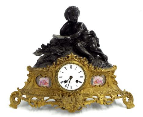 French bronzed and gilt metal porcelain mounted two train mantel clock, the movement with outside countwheel striking on a be