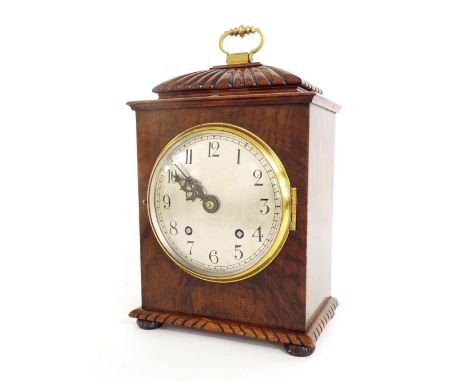 Early 20th century burr walnut English Regency style two train mantel clock, the Empire movement striking on a gong, the 5.25