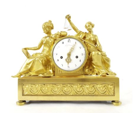 Good French ormolu transitional period figural two train drumhead mantel clock, the 5" convex white enamel dial signed in red
