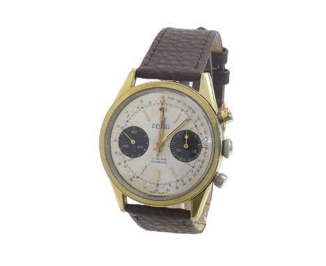 Desotos chronograph gold plated gentleman's wristwatch, silvered dial with chronograph centre seconds, baton markers with sub