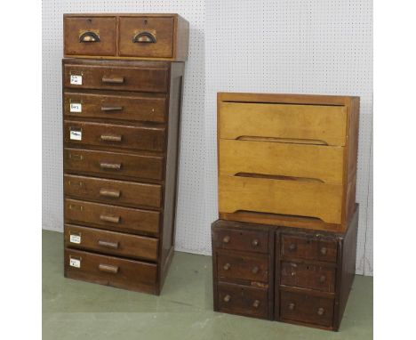 Eight drawer chest, 40.75'' high, 18.5'' wide; together with a wooden three drawer chest, 23.25'' high, 61'' wide, two matchi