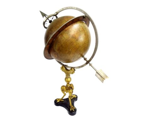 Juvet & Co. time globe, upon a gilt metal support terminating in triple bird feet and a triform stepped black marble base, 30
