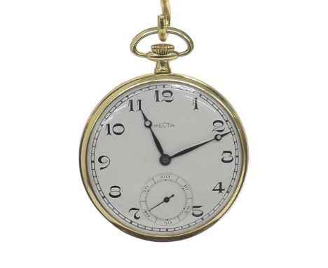 Recta Precision 18k lever slim dress pocket watch, silver dial with Arabic numerals and subsidiary seconds within a plain pol