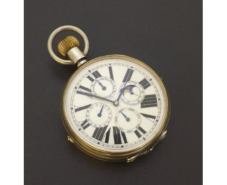 Swiss Goliath calendar nickel cased lever pocket watch with moon phase, the dial with bold Roman numerals, subsidiary dials f